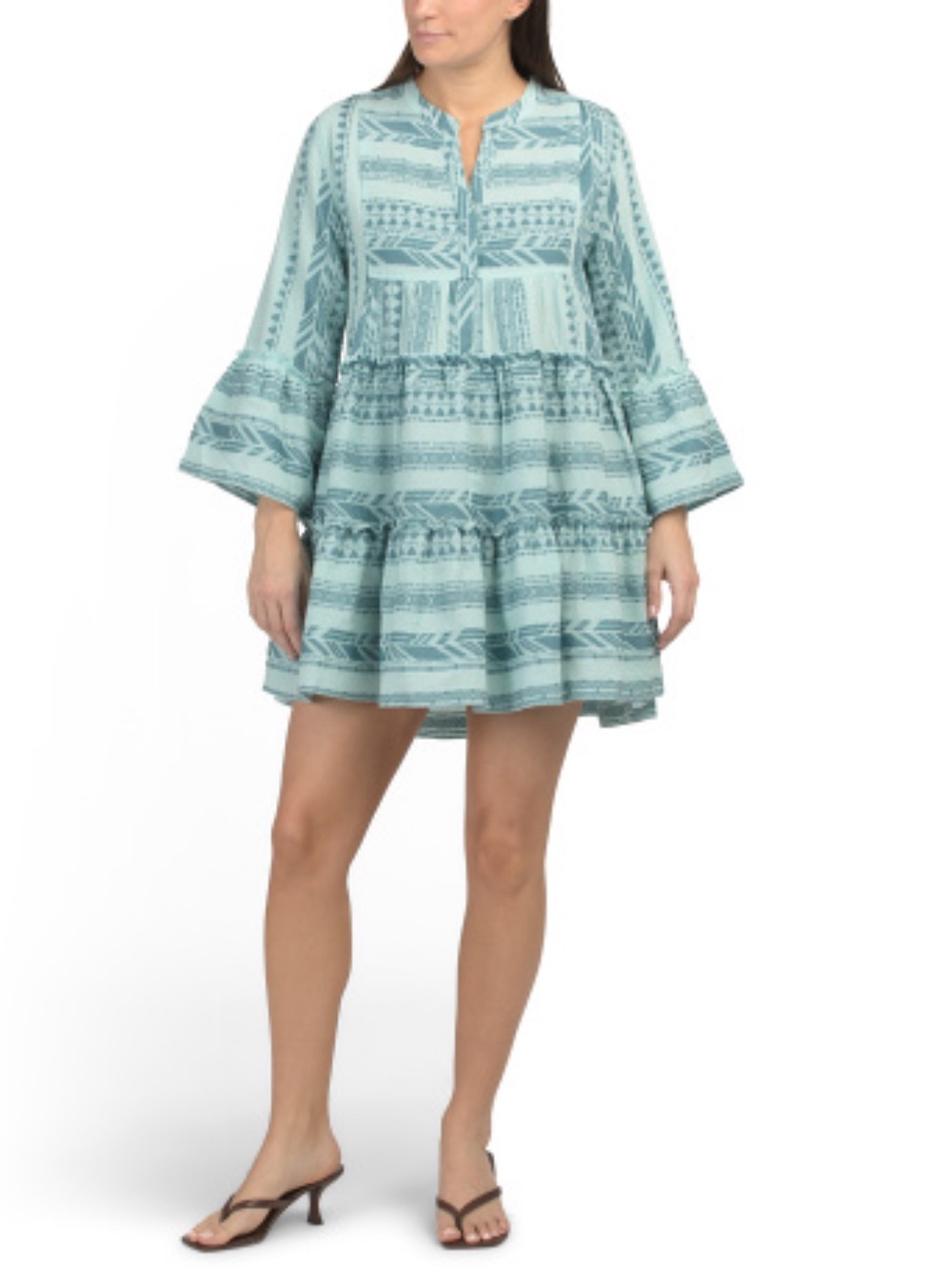 NWT Elan Seafoam Blue Embroidered Bell-Sleeve Mini Dress Size S